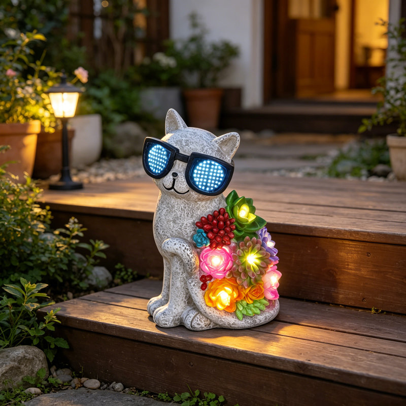 Statue de jardin solaire à chat avec lumières grasses, allumage et extinction automatiques, décoration extérieure imperméable Ip55