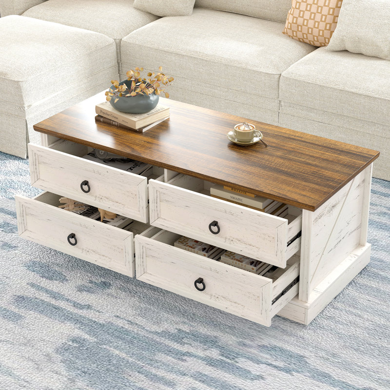 Rustic Wood Coffee Table With Drawers, White