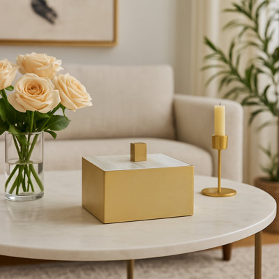 Decorative Box With Selenite Lid - Ornamental Storage Organizer Or Keepsake Decor Box - Home Decor Decoration For Entryway Table - 6", White & Gold