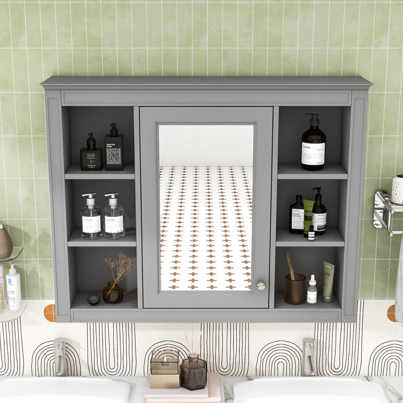 Armoire à pharmacie murale avec porte miroir réfléchissante et tablettes pour le rangement de la salle de bain, Gris