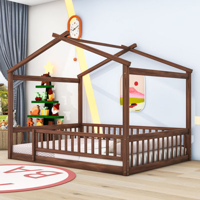 Structure de lit en bois avec clôture Akeiba, pour enfants, adolescents