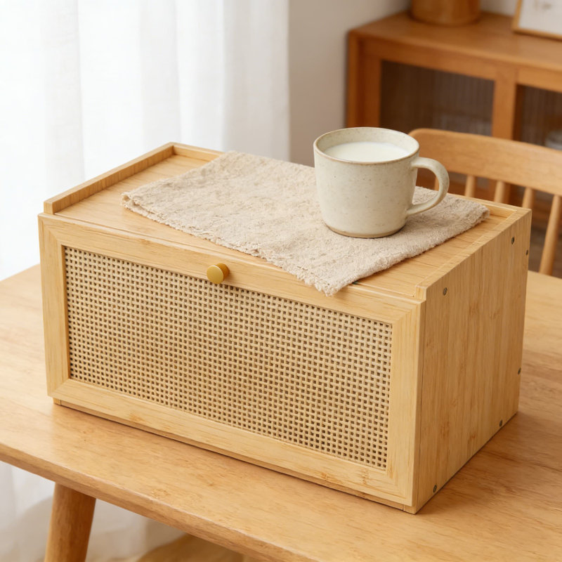 Farmhouse Style Rattan Bread Box With Magnetic Door - Large Capacity Bamboo Bread Storage Container For Kitchen Counter, Keeps Bread Fresh And Organized