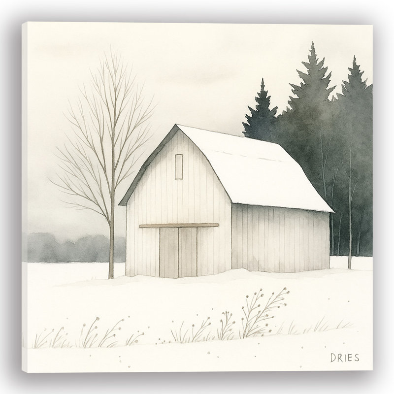 «Quiet Barn - Minimalist Winter Landscape Farmhouse», art mural, 40" H x 40" W