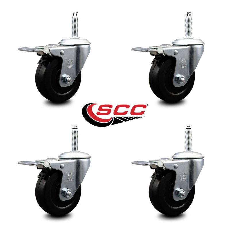 Rubber Swivel 3/4 Inch Threaded Stem Caster Set Total Lock Brake