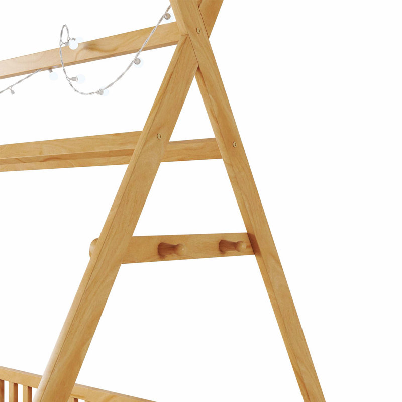 Lit simple à plancher bas avec lumière, clôture et toit pour enfants, naturel