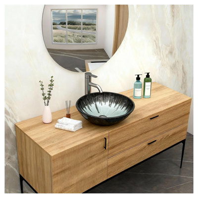 Artistic Gray Crackle Tempered Glass Vessel Sink with Pop-up Drain, Oval Bathroom Basin