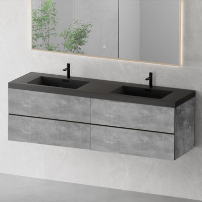 24"-72" Floating Single/ Double Bathroom Vanity Wall-Mounted Vanity with Integrated Quartz Top, 1/2 Basins, 2/4 Soft Close Drawers