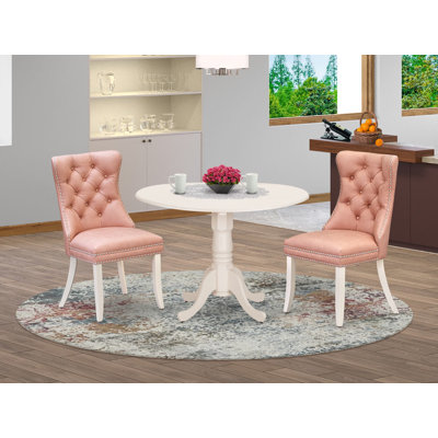 Ensemble de salle à manger 3 pièces composé d'une table de cuisine ronde avec Dropleaf et 2 chaises Parson rembourrées, lin blanc