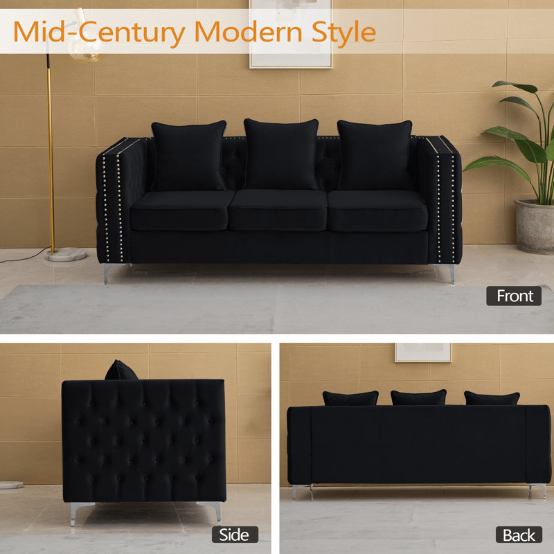 Habbe 84.6'' Velvet Sofa, Black Velvet