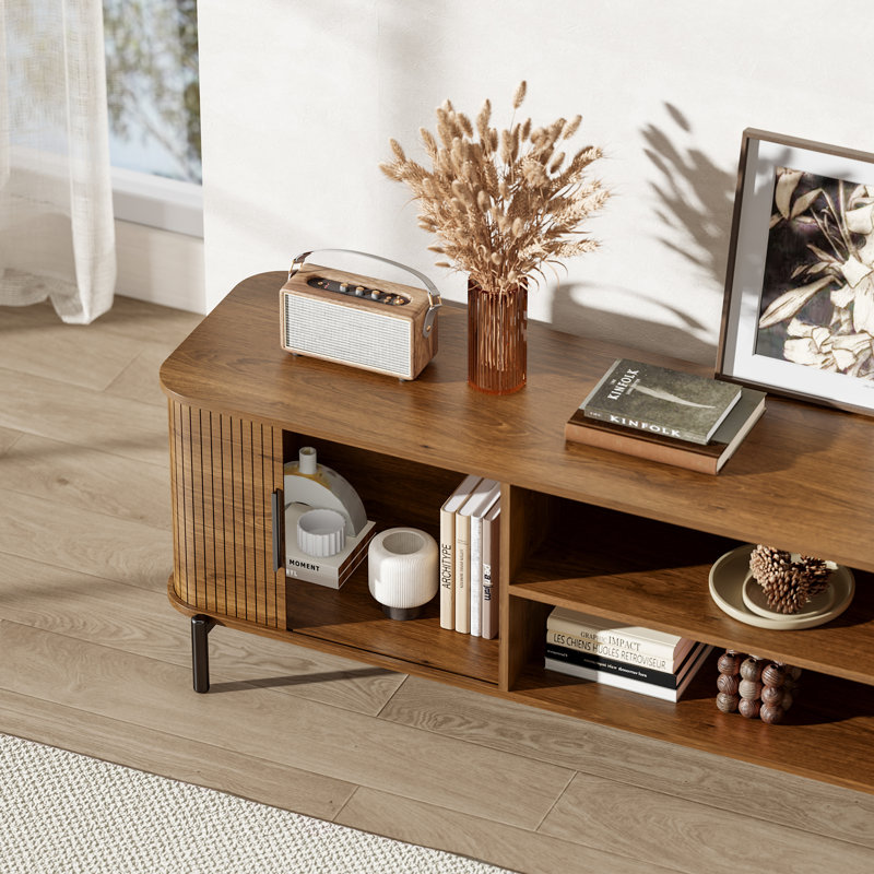70" Fluted TV Stand with Sliding Tambour Doors, for TVs up to 80"  (Walnut), Brown Wood