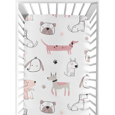 Cartoon Puppy Dog White and Pink Fitted Crib Sheet by Sweet Jojo Designs