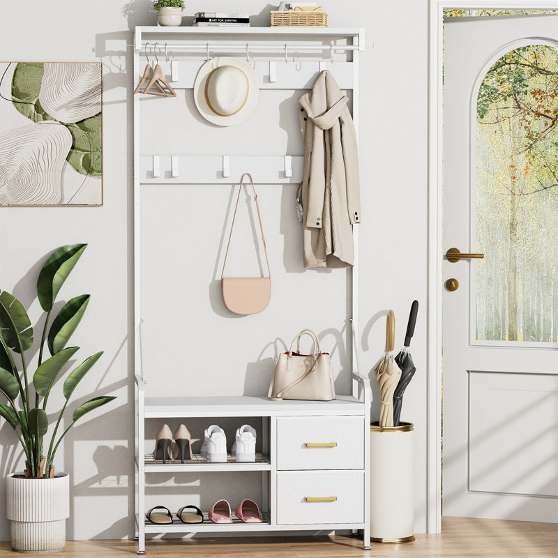 Hall Tree, Coat Rack with 17 Hooks & 2 Drawers, 6 in 1 Design Entryway Bench, Shoe Rack Hanging Rod