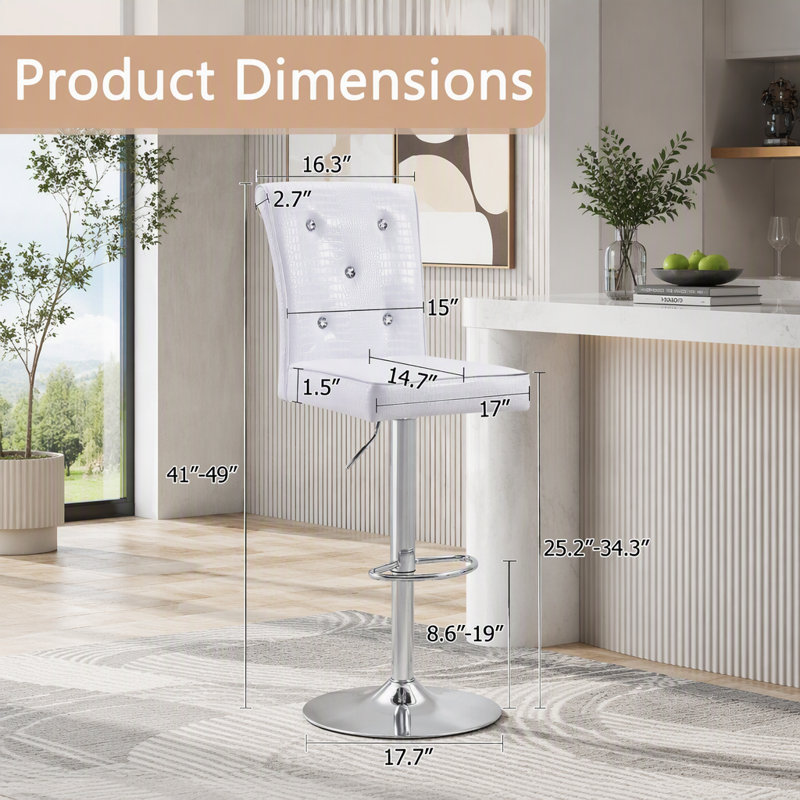 Ensemble de tabourets de bar 2 pièces en crocodile rétro avec fermoir en cristal, Blanc, 49"H