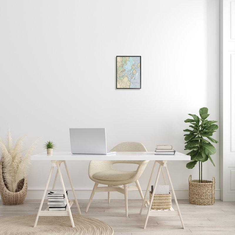 «Portland Coast Nautical Map Beige Blue» par Daphne Polselli - impression, Giclée encadrée noir minuit, H 14 po x l 11 po