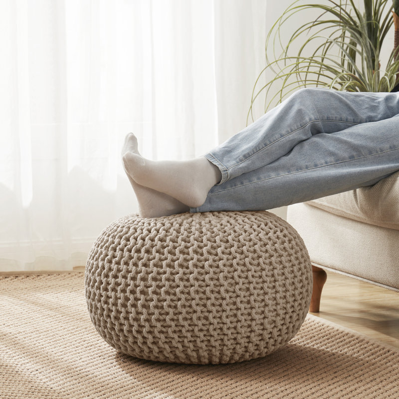 Cotton Round Pouf Foot Stool Ottoman , Beige