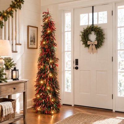 5 ft Slim Tinsel Pencil Artificial Christmas Tree with 50 LED Warm Lights, Shiny Metallic Tinsel Tree for Living Room, Entryway & Office, Indoor Holiday Decor