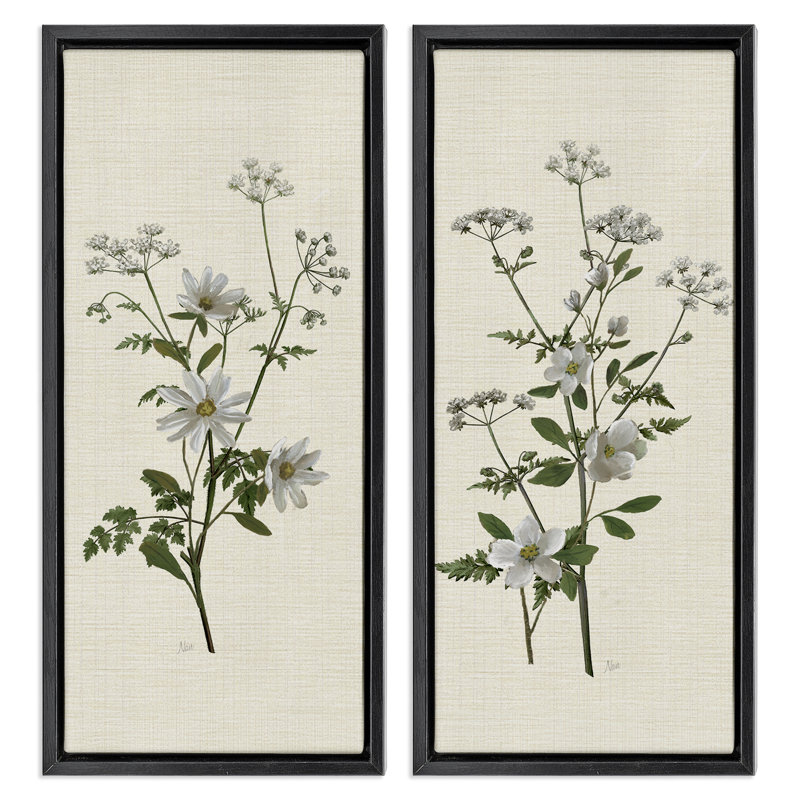 Ensemble de 2 toiles flottantes encadrées dorées Daisy & Apple Blossom, 25" H x 11" W, Cadre flottant noir de jais