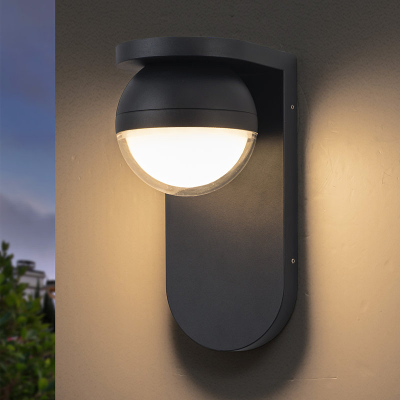 Applique murale d'extérieur à DEL à intensité variable noire avec verre sphérique et abat-jour PC