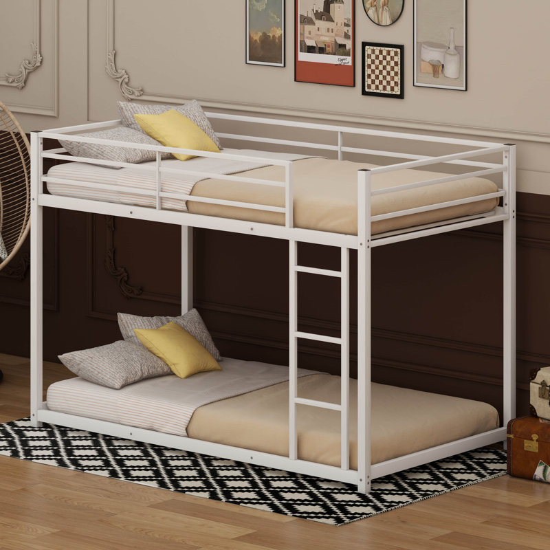 Twin Over Twin Metal Low Bunk Bed With Ladder And Full-Length Guardrails, White
