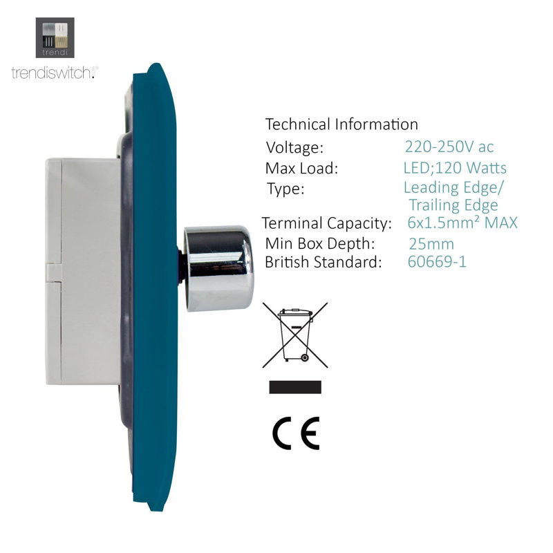 Trendi Switch 2 Gang 1 or 2 way 100w Rotary LED Dimmer Light Switch, Ocean Blue