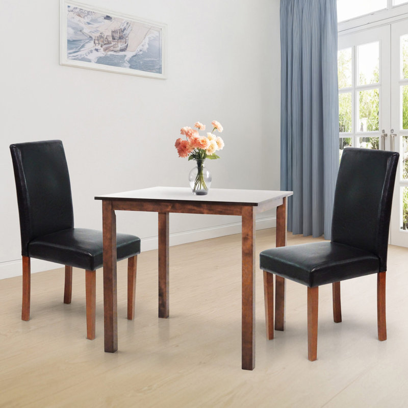Solid Wood Classic Style Dining Table Set of 2 Falabella Chairs and Square Table, Medium Brown Table with Black Chair