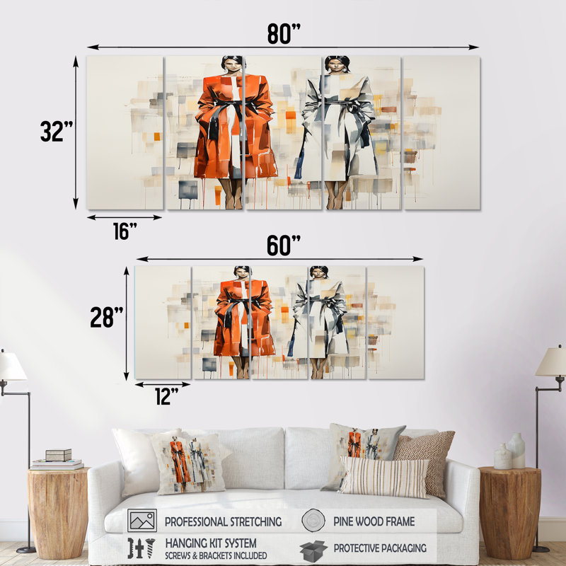 Orange chic, filles élégantes - mode, art mural 5 pièces, H 32 po x l 80 po