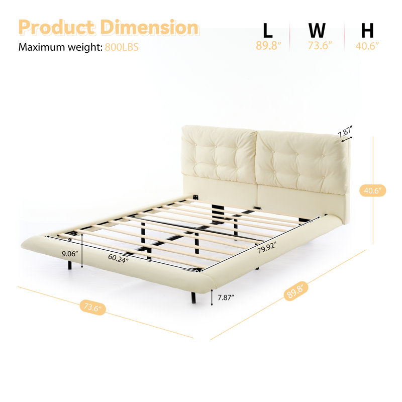 Grand lit plateforme en cuir PU avec tête de lit capitonnée et lumières DEL, cadre de lit tapissier moderne, assemblage facile, sans sommier, blanc