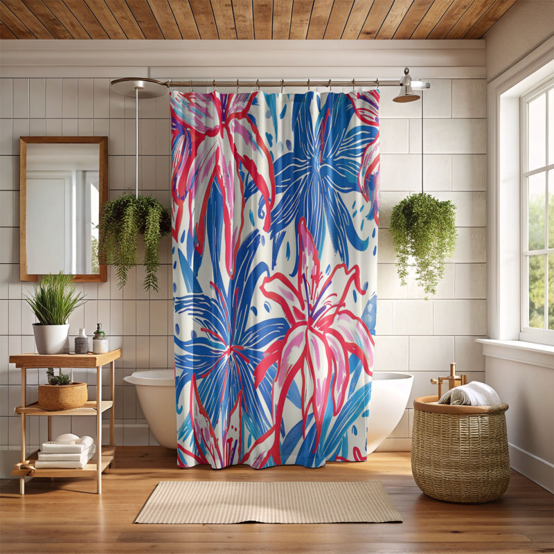 Rideau de douche standard 1 pièce Ruby and Azure Blossoms, H 74 po x l 71 po