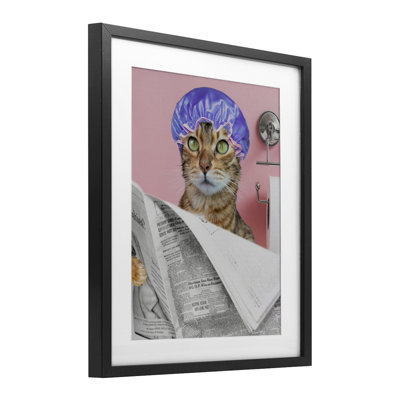 Showercap Cat Bathroom Humor Framed Print Under Glass, design by Jesse Keith