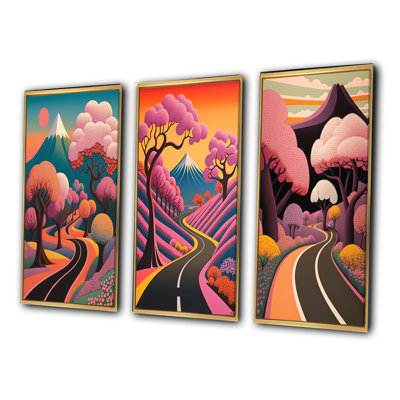 «Swirling Road Joyful Pink Mountain Landscape», ensemble de 3 impressions