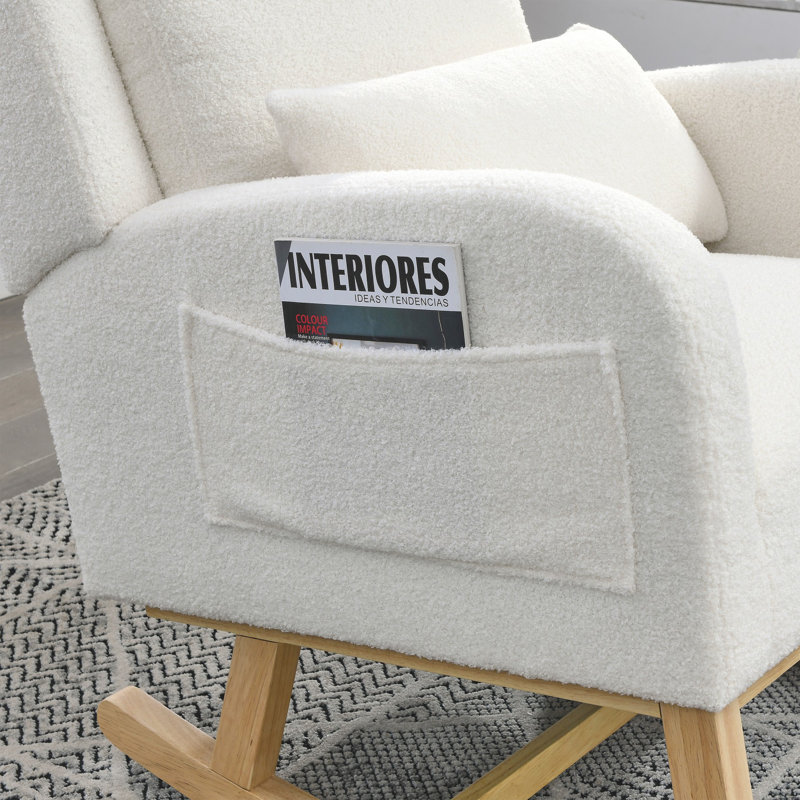 Fauteuil à bascule décontracté moderne à dossier haut de 27,5 po Welike avec un coussin lombaire, deux poches latérales, blanc Teddy