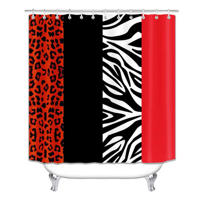4PCS Leopard Print Shower Curtain Set With Rug, Toilet Lid Cover And Bath Mat,Red Black Splice Shower Curtain With 12 Hooks, Complete Bathroom Accessories Decor Set