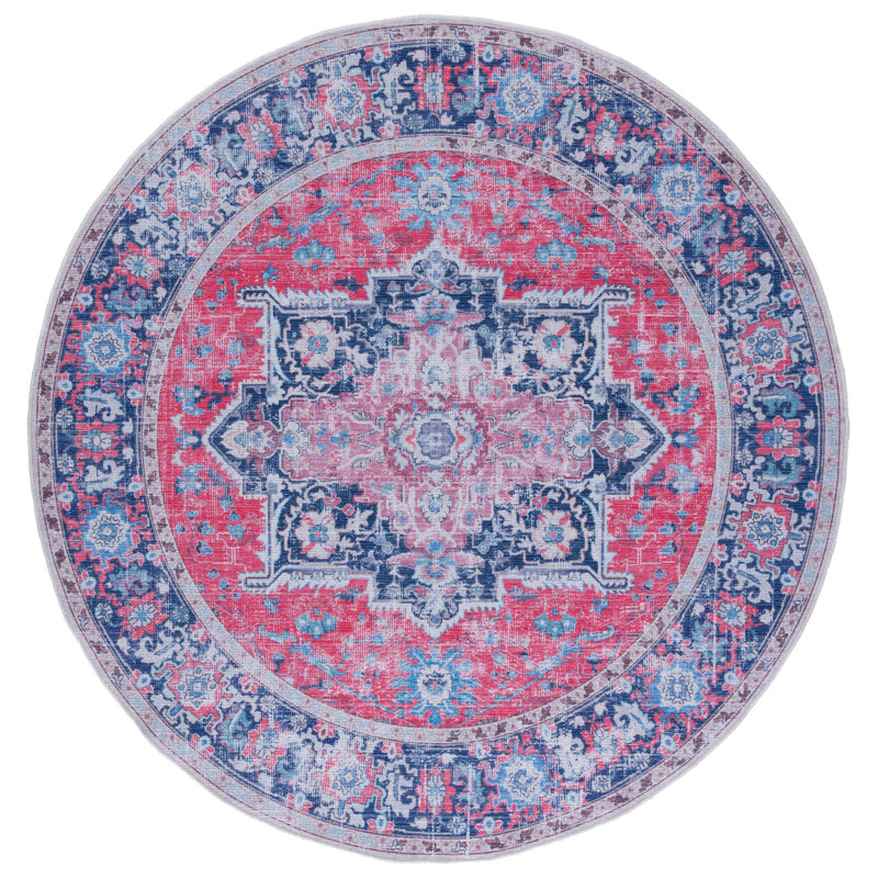 Ferrigno Oriental Cotton Red/Navy Area Rug, Round 6'7"
