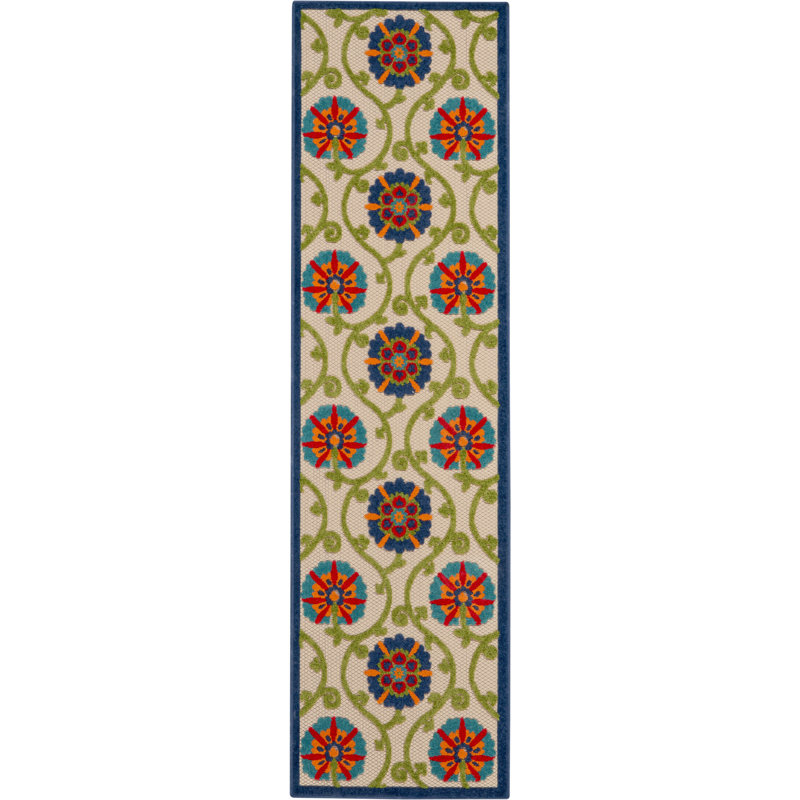 Tapis intérieur / extérieur à motif floral ivoire / bleu / vert Eaglin, Tapis de couloir 2 pi 3 po x 10 pi