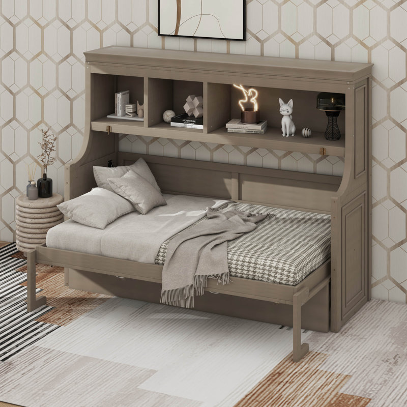 Lit escamotable horizontal simple avec bureau, cadre de lit mural pliable avec tablettes de rangement, Gris délavé