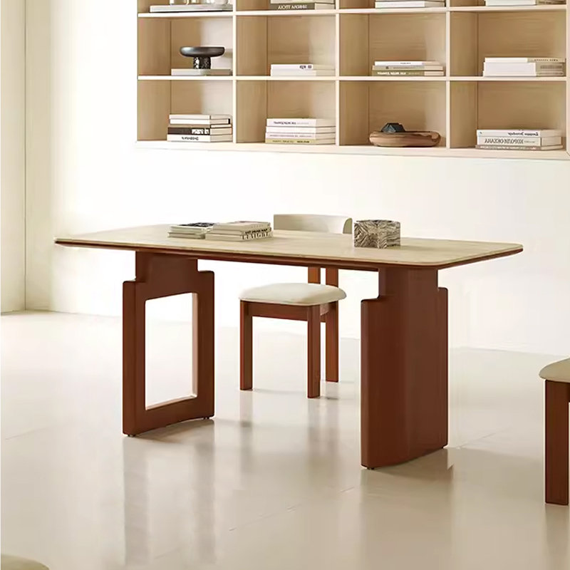 Ancient Style Rectangular Rock Plate Dining Table Solid Wood Base Dining Table, 29.53"H x 55.12"L x 31.5"W