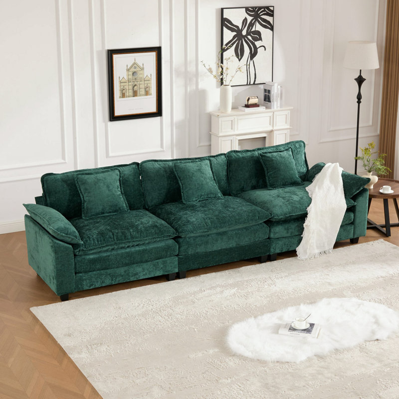 Canapé modulaire 3 places en chenille avec coussin moelleux, Chenille verte