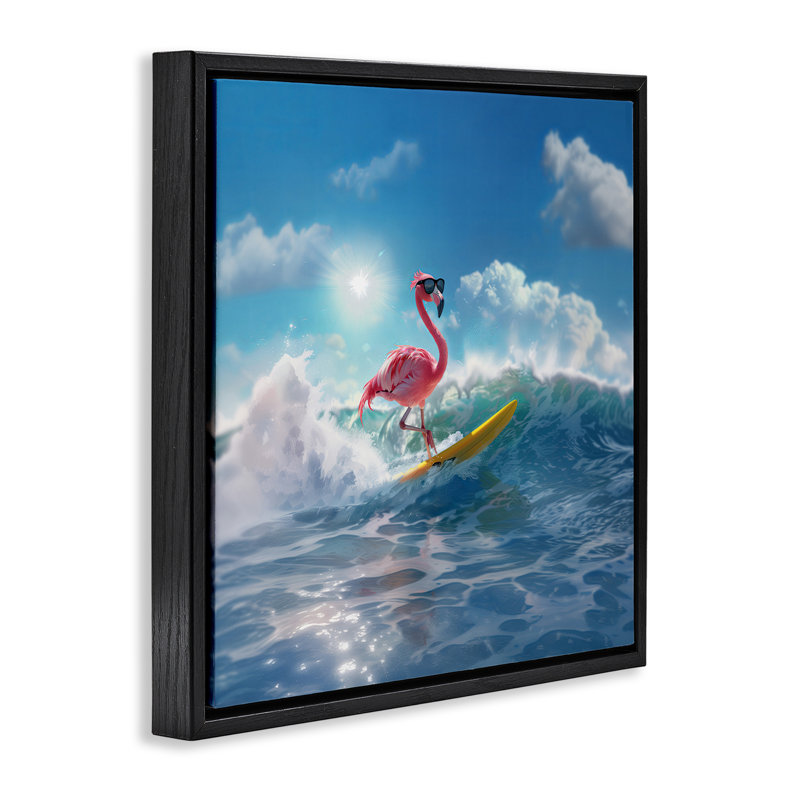 «Flamingo Surfing White Caps», art mural encadré flottant par Jim Baldwin, H 25 po x l 25 po, Cadre flottant noir de jais