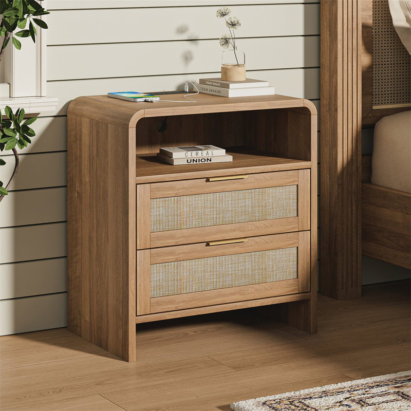 Table de chevet en rotin avec station de charge, Caramel, Individuel