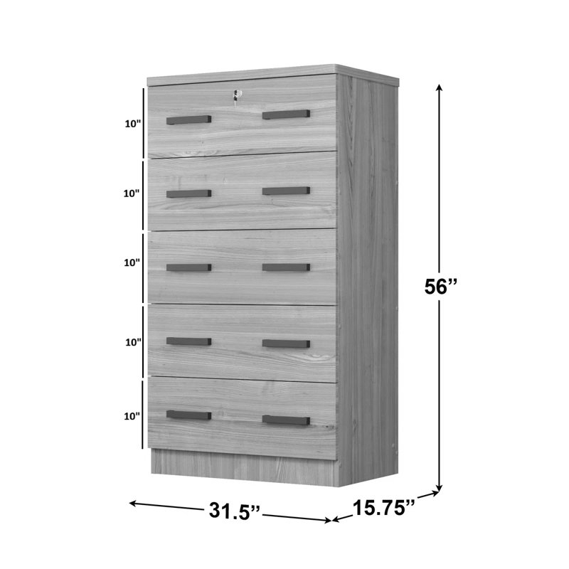 Commode 5 tiroirs 5 pouces Giello, Gris