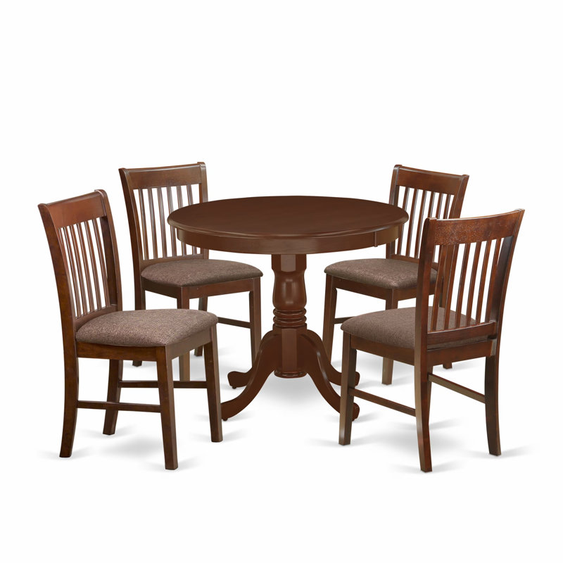 L'ensemble de table de cuisine 5 pièces pour 4 personnes comprend une table de salle à manger ronde avec piédestal et 4 chaises de salle à manger rembourrées en tissu de lin, 36 x 36 pouces, acajou