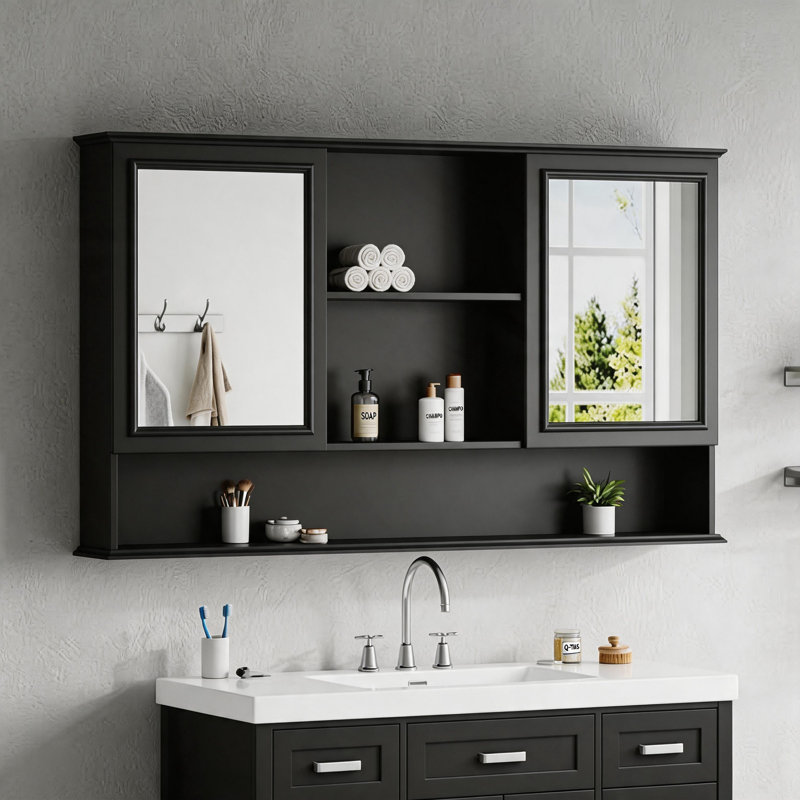 Armoire à pharmacie murale 60 po avec portes à double miroir, tablettes réglables, rangement ouvert, charnières à fermeture en douceur 60 po