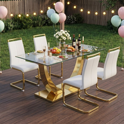 Modern 63" Rectangular Glass Dining Set with Metal Base