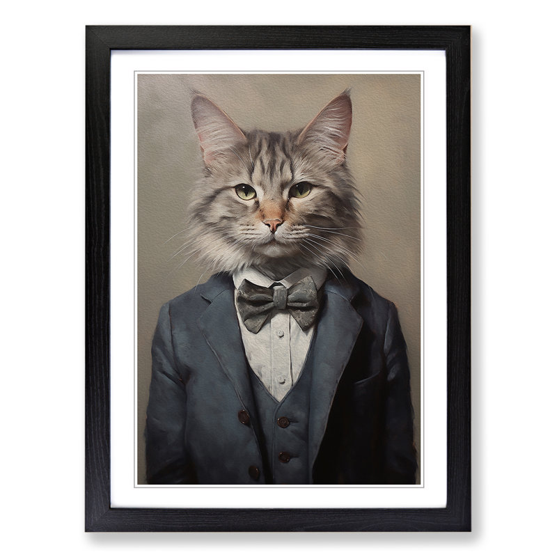 Cat In A Suit No.7 - Single Picture Frame Print on Wood, 34cm H x 25cm W x 2cm D, Black 