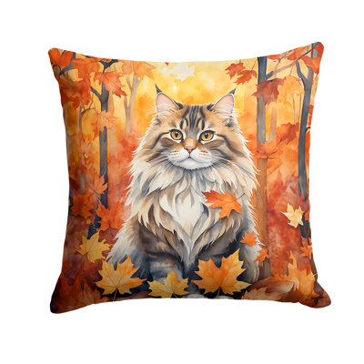 Siberian Cat in Fall Leaves Throw Pillow