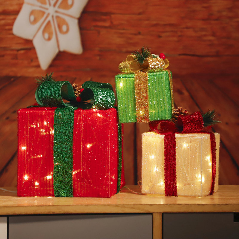 3 Gift Boxes with LED Lights Battery Power Waterproof for Indoor Outdoor Decoration