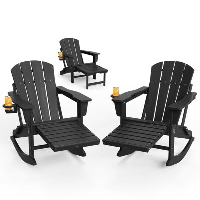 Ensemble de 2 chaises berçantes pliantes Adirondack avec repose-pieds, chaise berçante en PEHD toutes saisons avec porte-gobelet pour patio, terrasse, jardin, foyer