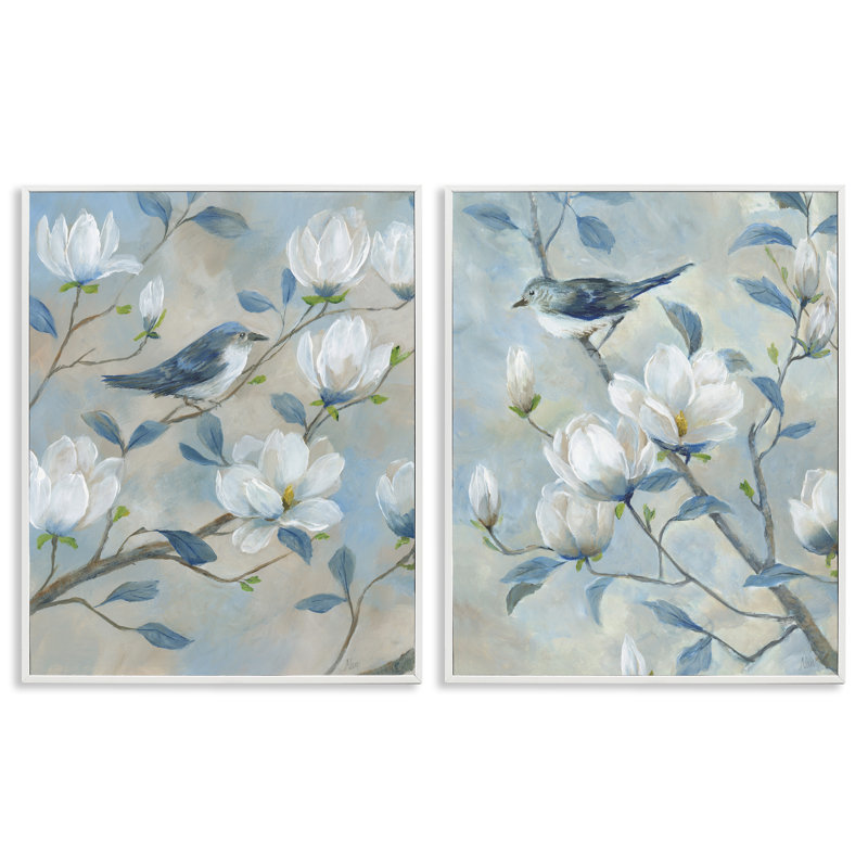 Ensemble de 2 giclées encadrées Blue Birds in Magnolia Tree, design par Nan, Encadrement giclée blanc côtier