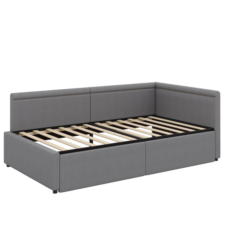 Lit de jour d'angle simple en L peu encombrant, avec tiroirs de rangement escamotables, Gris