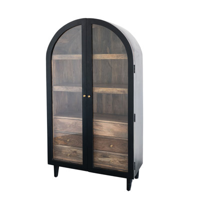 Vitrine arquée en bois de manguier massif avec 3 tiroirs